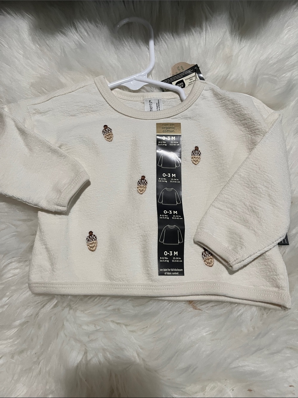 Organic Cotton Cream Baby Pullover with Acorn Embroidery